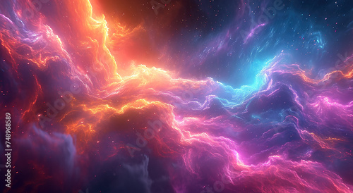 Abstract cosmic nebula wave clouds background landscape wallpaper design, blue, yellow, purple, red color lighting and dynamic rainbow universe and space photo