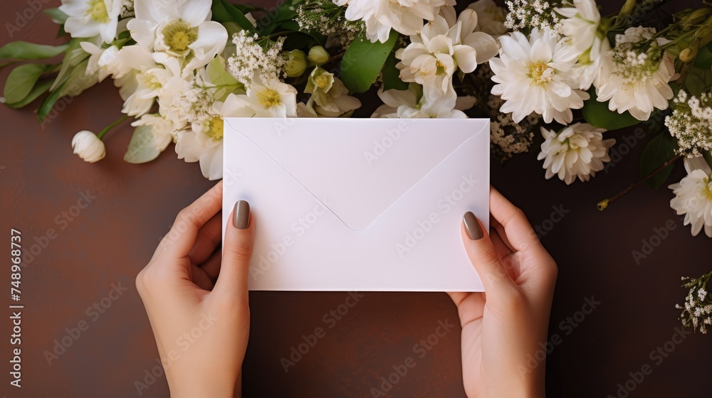 An envelope with a mock-up of a note made of blank paper in the hands of a woman and flowers on the table. View from above. An invitation, a postcard and a letter. An envelope with a mock-up of a note made of blank paper in the hands of a woman and flowers on the table. View from above. An invitation, a postcard and a letter.