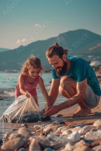 Caucasian father and daughter are helping to collect trash on the beach.