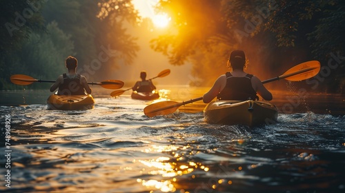 A group of individuals are paddling in watercraft down a river at sunset