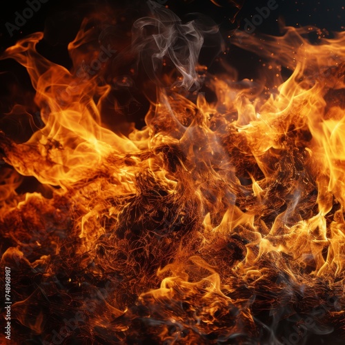 A captivating image of bright, intense fire and flames on a black background. Beautiful yet dangerous, it grabs viewers attention with its powerful presence.