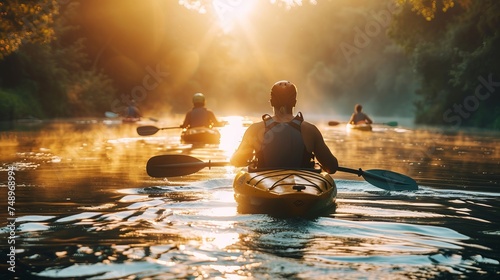 A group is enjoying a sunset kayak adventure on the river © yuchen