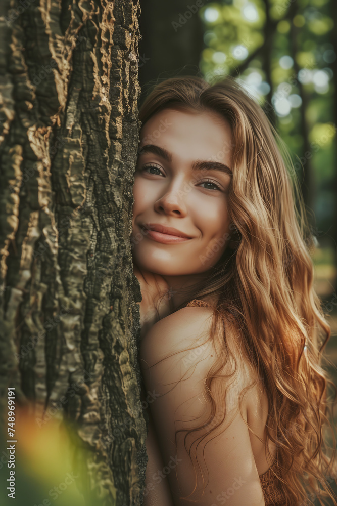 Caucasian woman hugging the trunk of a big tree in the forest. Caucasian woman hugging the trunk of a big tree in the forest.