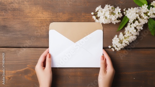 An envelope with a mock-up of a note made of blank paper in the hands of a woman and flowers on the table. View from above. An invitation, a postcard and a letter.