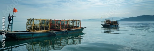 Special boat for catching crabs or lobsters in the sea or ocean with iron nets, banner photo
