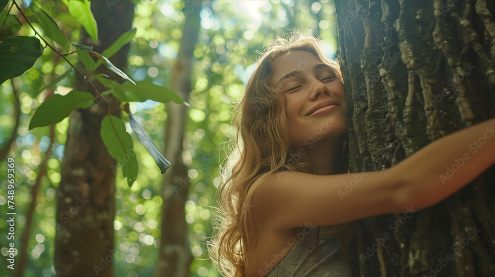 Caucasian woman hugging the trunk of a big tree in the forest. Caucasian woman hugging the trunk of a big tree in the forest.