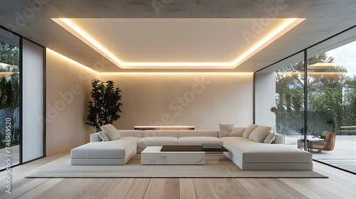 Installing Modern LED Lighting on a Suspended Ceiling in a Minimalist Living Room Setting. Concept Home Renovation, LED Lighting, Suspended Ceiling, Minimalist Design, Modern Living Room photo