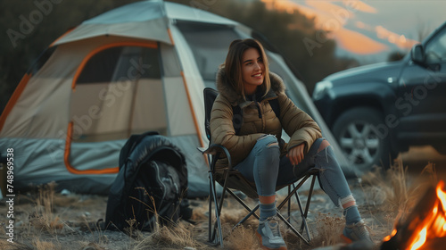 Caucasian woman is on a camping trip in the forest.