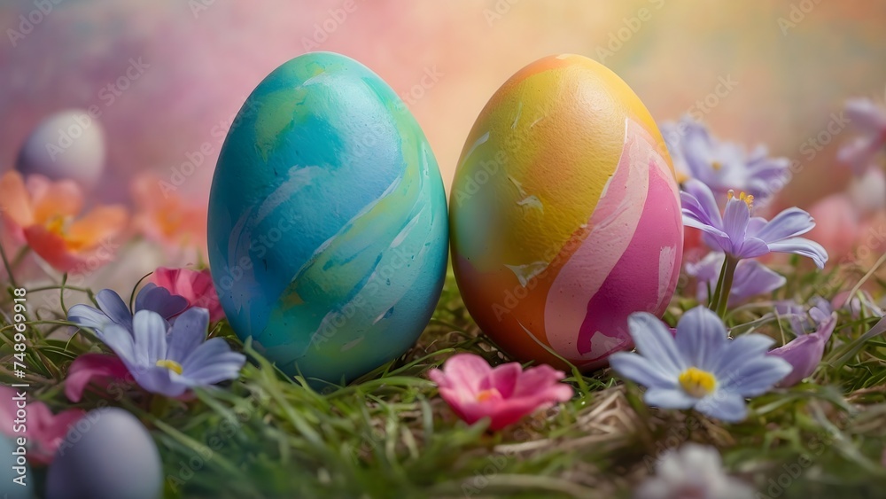 Easter painted eggs on a watercolor background