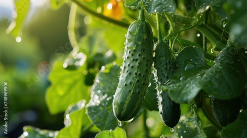 The garden s green cucumbers represent the positive outcomes of ecological gardening  promoting the cultivation of fresh and healthy vegetables for a nutritious diet.