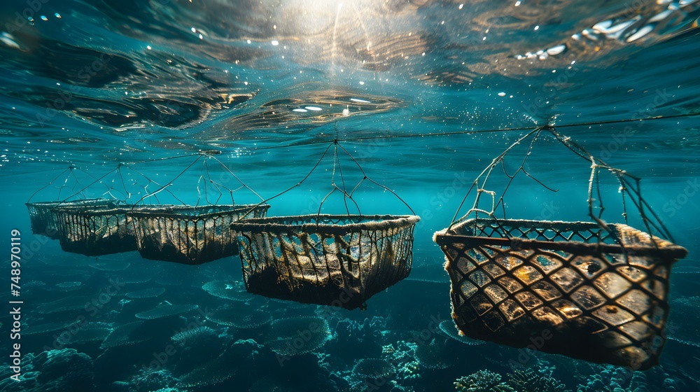 Foto de Oyster cages suspended in ocean at pearl farm with underwater ...