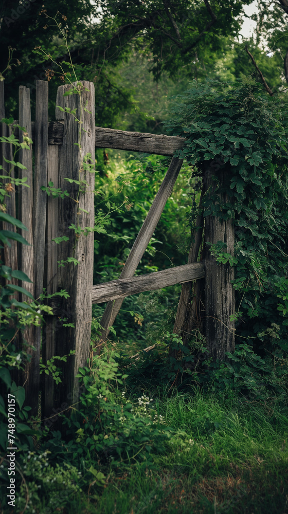 Serene Nature Reclaiming an Old Wooden Fence, Overgrown Greenery in a Lush Forest, Symbol of Peaceful Abandonment.