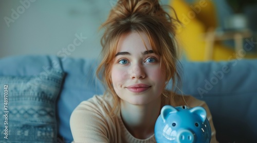 Woman on Couch with Blue Piggy Bank, Blue Background