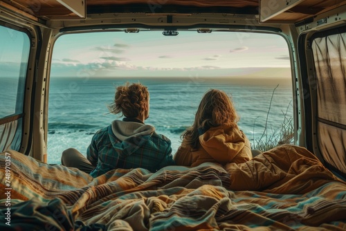 couple sitting inside of a van overlooking the ocean