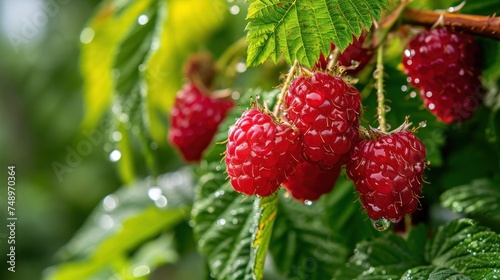 Ripe berries with water droplets adorn a healthy raspberry bush in the garden  symbolizing the sweet and natural outcome of successful gardening.