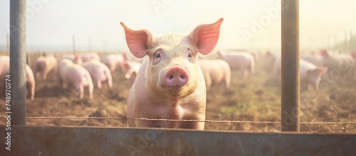 A pig with pink skin and a curly tail is peering out from behind a wooden fence on a farm. The pig looks curious and alert as it observes its surroundings. photo