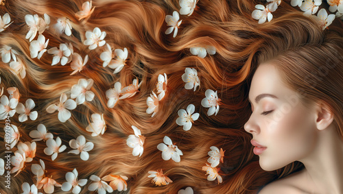 Young woman with cherry blossoms in her flowing auburn hair, top view copy space