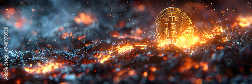 Bitcoin and cryptocurrency concept, Flames with a lot of sparks coming out from it