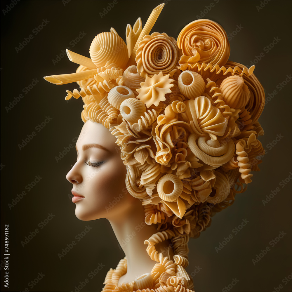 Woman headshot with intricate baroque pasta hairdo, side view over dark background