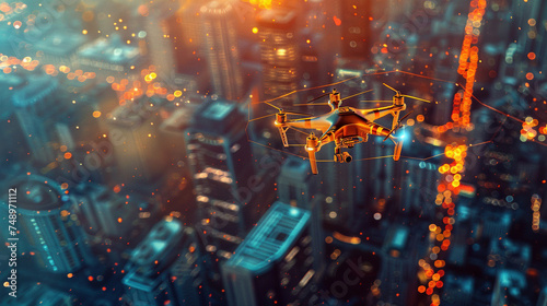 Aerial Drone Flying Over Cityscape During Twilight