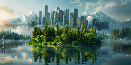 green eco city concept in the mountains  futuristic high-tech city with advanced infrastructure  science fiction cityscape