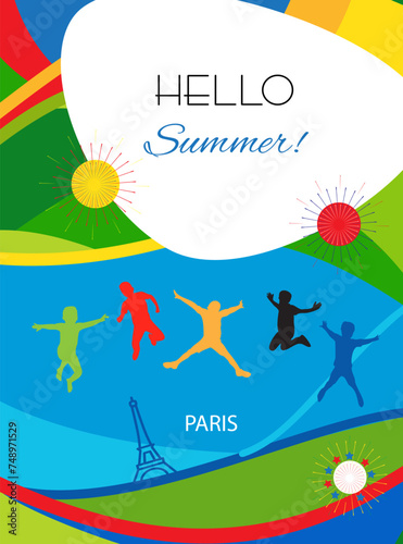 Hello Summer Sports 2024 competition abstract background, fireworks geometric shapes colorful elements, decoration, adventure Holiday travel ,  kids camp vacation modern design games France template