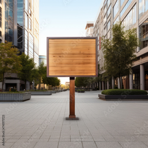 Wooden direction mockup sign in urban center, perfect for advertising local businesses, events, or tourist attractions. Versatile for city guides, travel brochures, or promotional materials.