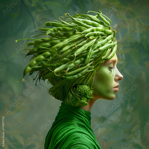 Profile of a woman with green body paint and a headdress made of green beans