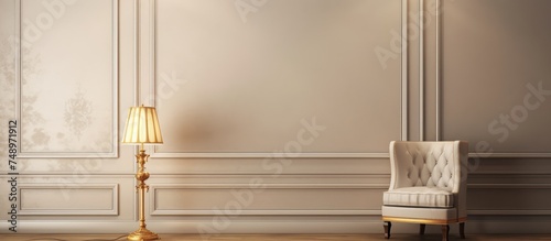 A room featuring a chair and a floor lamp. The chair is upholstered in a neutral fabric, while the lamp has a gold frame and a soft glow illuminating the space.