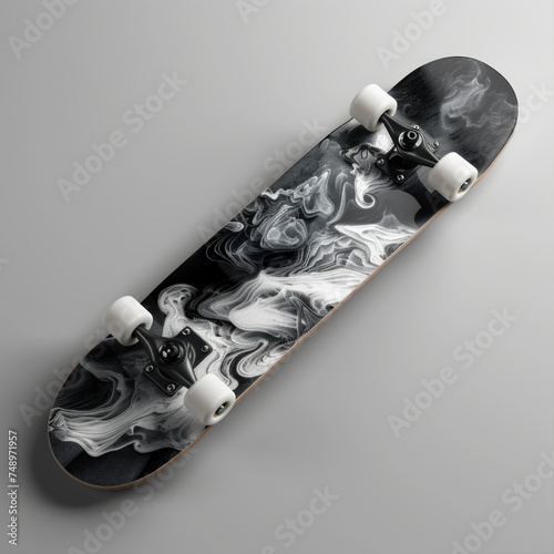 Skateboard template for displaying custom artwork. Perfect for skateboard brands, graphic designers, or advertising skateboarding events. photo