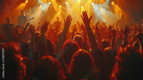 A crowd of fans with hands in the air at a concert