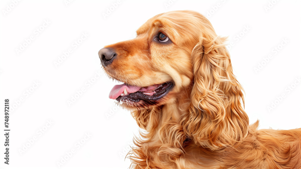 A close up of a Cocker Spaniel dog on a white background