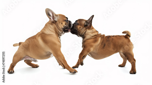 Two cute playful French Bulldogs puppy dogs playing with each other on a white background