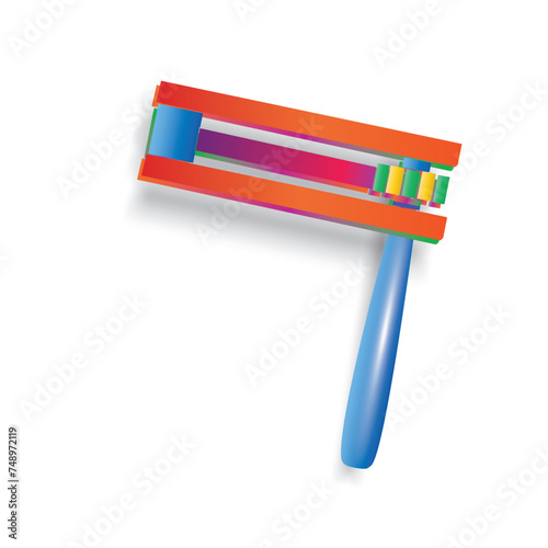 Happy Purim! Text Hebrew, Jewish holiday Purim carnival festival kids event decoration with traditional symbols isolated mask, noisemaker grogger, ratchet, Hamantaschen cookies, masque gifts star sign