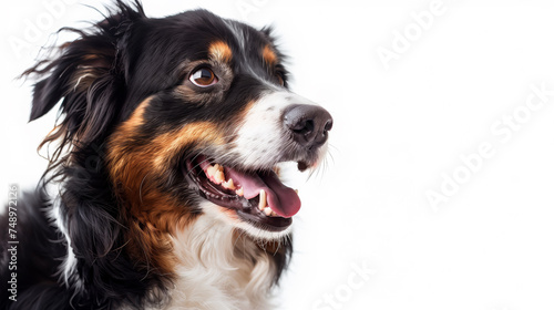 A close up of a happy dog on a white background