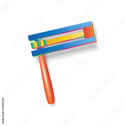 Happy Purim! Text Hebrew, Jewish holiday Purim carnival festival kids event decoration with traditional symbols isolated mask, noisemaker grogger, ratchet, Hamantaschen cookies, masque gifts star sign