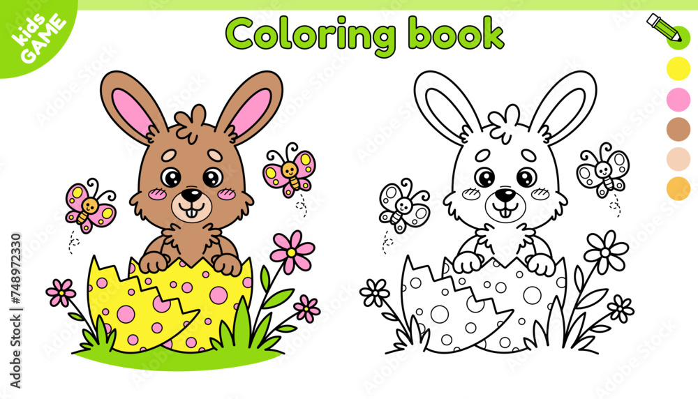 Page of kids Easter coloring book with cartoon rabbit hatched from egg. Color the outline picture. Happy hare in cracked egg. Activity for school children. Vector illustration on spring holiday theme. Page of kids Easter coloring book with cartoon rabbit hatched from egg. Color the outline picture. Happy hare in cracked egg. Activity for school children. Vector illustration on spring holiday theme.