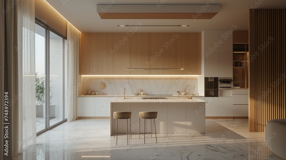 Modern Contemporary kitchen room interior .white and wood material 3d render
