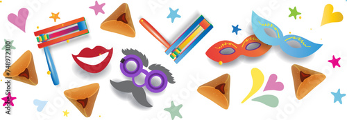 Happy Purim! Text Hebrew, Jewish holiday Purim carnival festival kids event decoration with traditional symbols isolated mask, noisemaker grogger, ratchet, Hamantaschen cookies, masque gifts star sign
