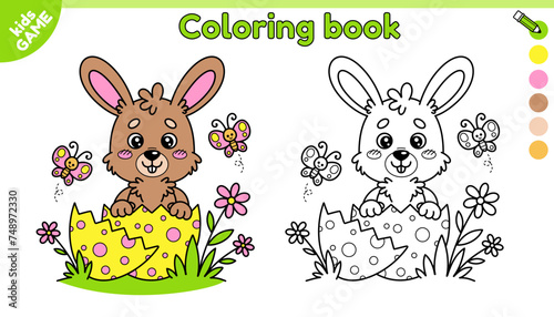 Page of kids Easter coloring book with cartoon rabbit hatched from egg. Color the outline picture. Happy hare in cracked egg. Activity for school children. Vector illustration on spring holiday theme.