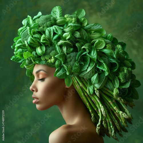 Woman with headdress made of green vegetables like asparagus and basil