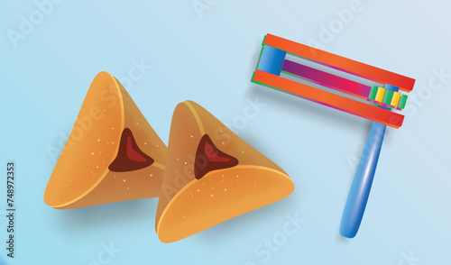 Happy Purim! Text Hebrew, Jewish holiday Purim carnival festival kids event decoration with traditional symbols isolated mask, noisemaker grogger, ratchet, Hamantaschen cookies, masque gifts star sign