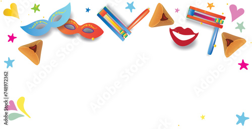 Happy Purim! Text Hebrew, Jewish holiday Purim carnival festival kids event decoration with traditional symbols isolated mask, noisemaker grogger, ratchet, Hamantaschen cookies, masque gifts star sign