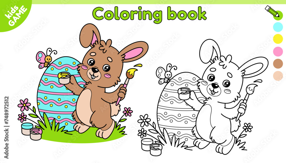 Page of kids Easter coloring book with cartoon rabbit. Cute hare paints ...
