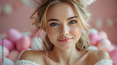 blond girl in white dress and rabbit ears - easter theme pink background - copy space