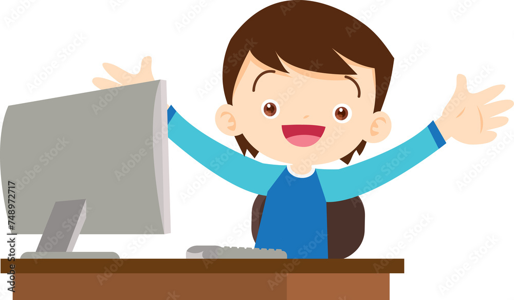 cute child sitting use computer to study