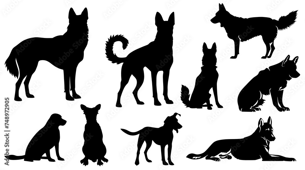 Minimalist Dog Silhouette: A Flat Illustration Featuring Dogs Sitting and Standing, Presented in Black on a Transparent PNG, Set Against a White Background.