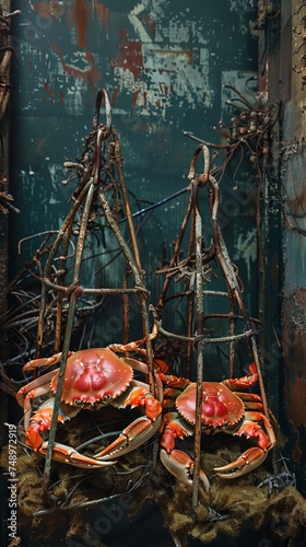 Iron traps cage with Red king crabs in the water, catching crabs from a ship