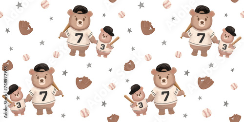 Photography baseball Seamless pattern Sport game father and son bears baseball players texti