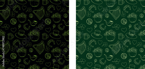 Saint Patrick. Spring. March 17. Spring holiday. Leprechaun. Hat. Gold. Clover. Four leaf clover. Luck. Doodle. Decor set. Pattern set. St. patrick seamless vector print.